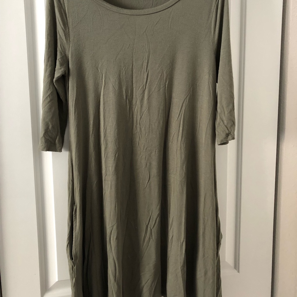 Olive T-shirt dress with 3/4 sleeves